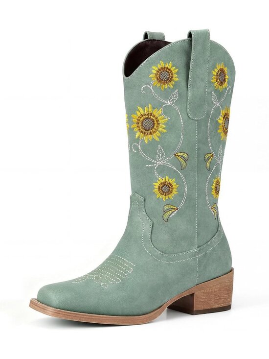 Shoes - Women's Green Sunflower Mid Calf Embroidered Western Square Toe Cowboy Boot